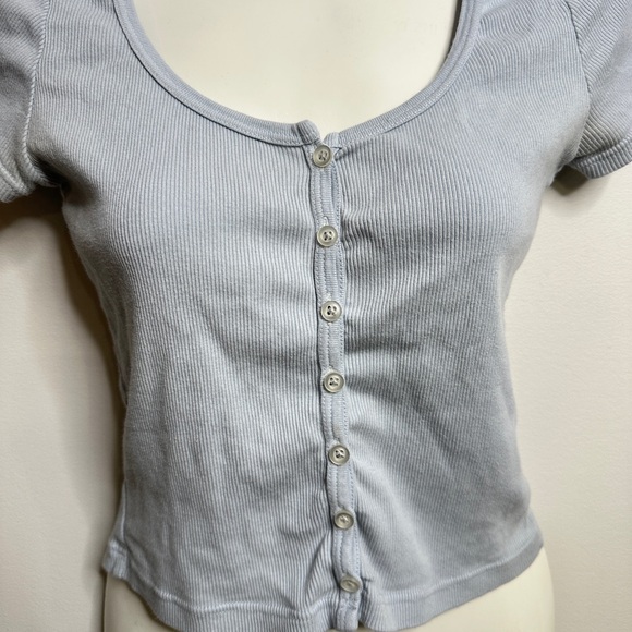 Brandy Melville | Light Dusty Blue Ribbed Button Short Sleeve Crop Shirt OS - Picture 13 of 13